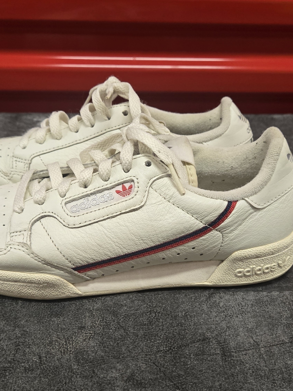 adidas White Classic Leather Sneakers with Red & Navy Stripe Size 5.5
